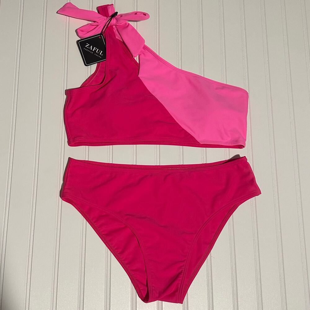 Zaful Women Pink One Shoulder Bikini Set Bow Tie High Waist 2 Piece L NWT